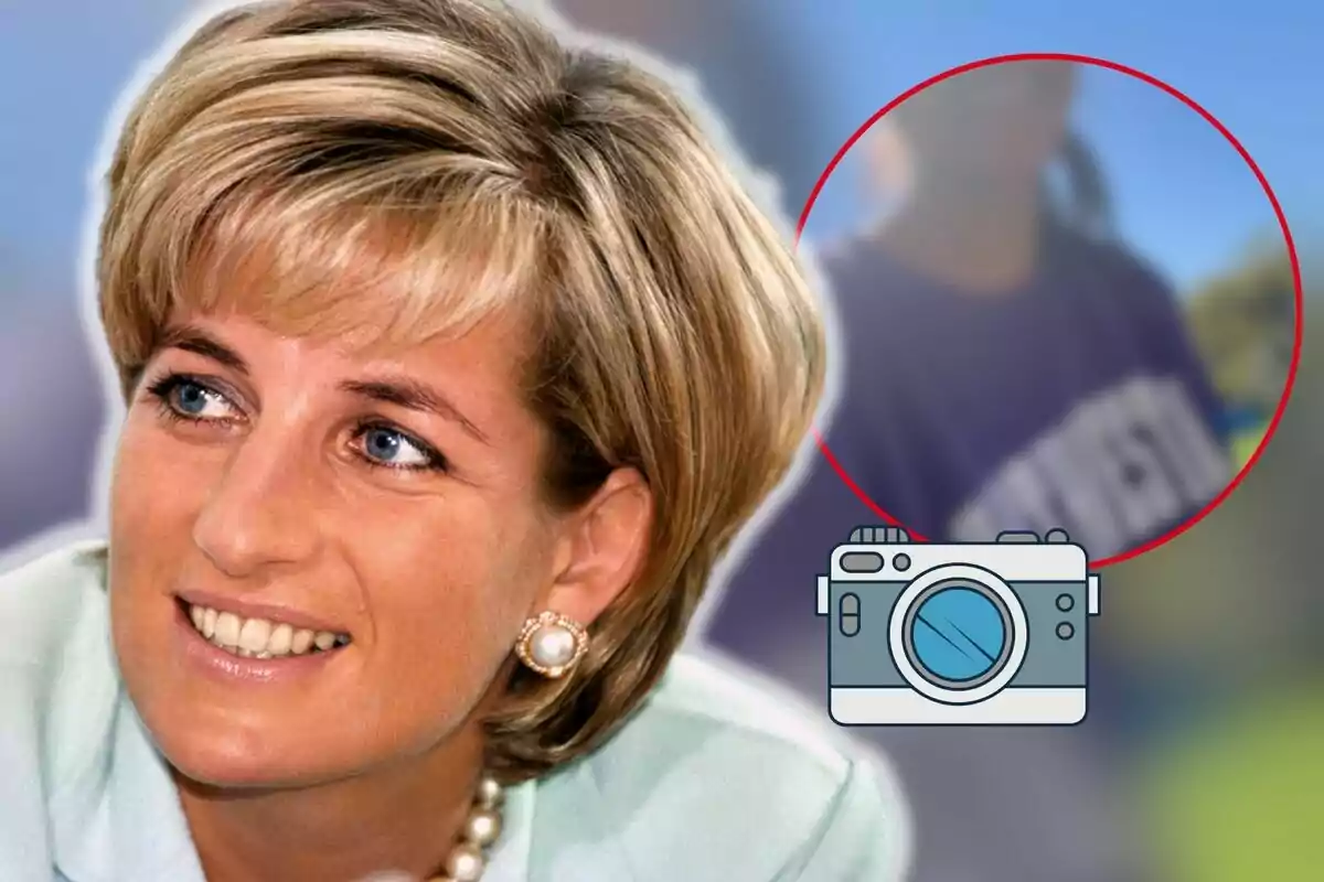 Lady Di sonriente con cabello rubio y aretes de perlas en primer plano con un fondo desenfocado que incluye un círculo rojo y un icono de cámara.