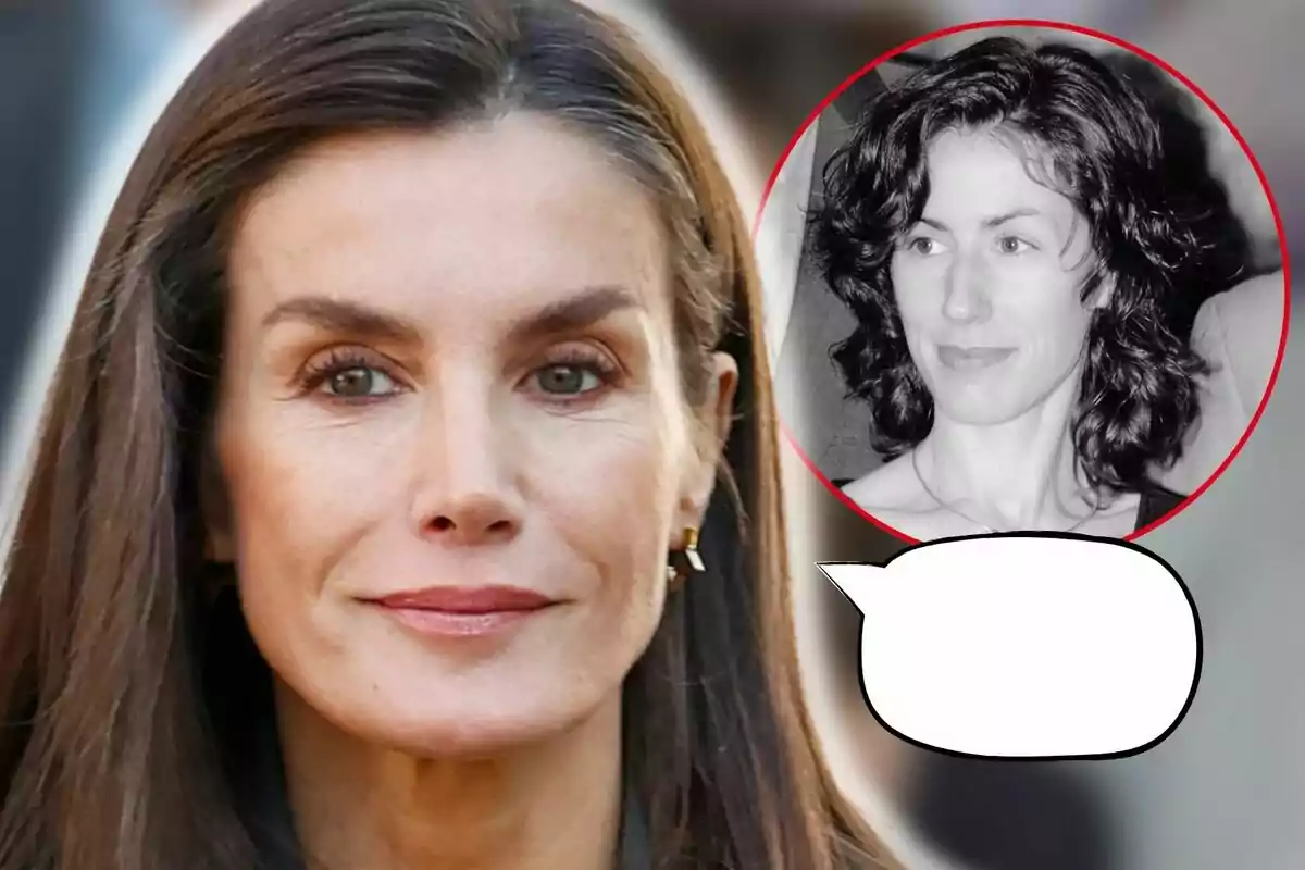 La reina Letizia de cabello oscuro mira hacia adelante con una expresión neutral, mientras en la esquina superior derecha hay un recuadro circular con una foto en blanco y negro de Érika Ortiz de cabello rizado, acompañada de un globo de diálogo vacío.