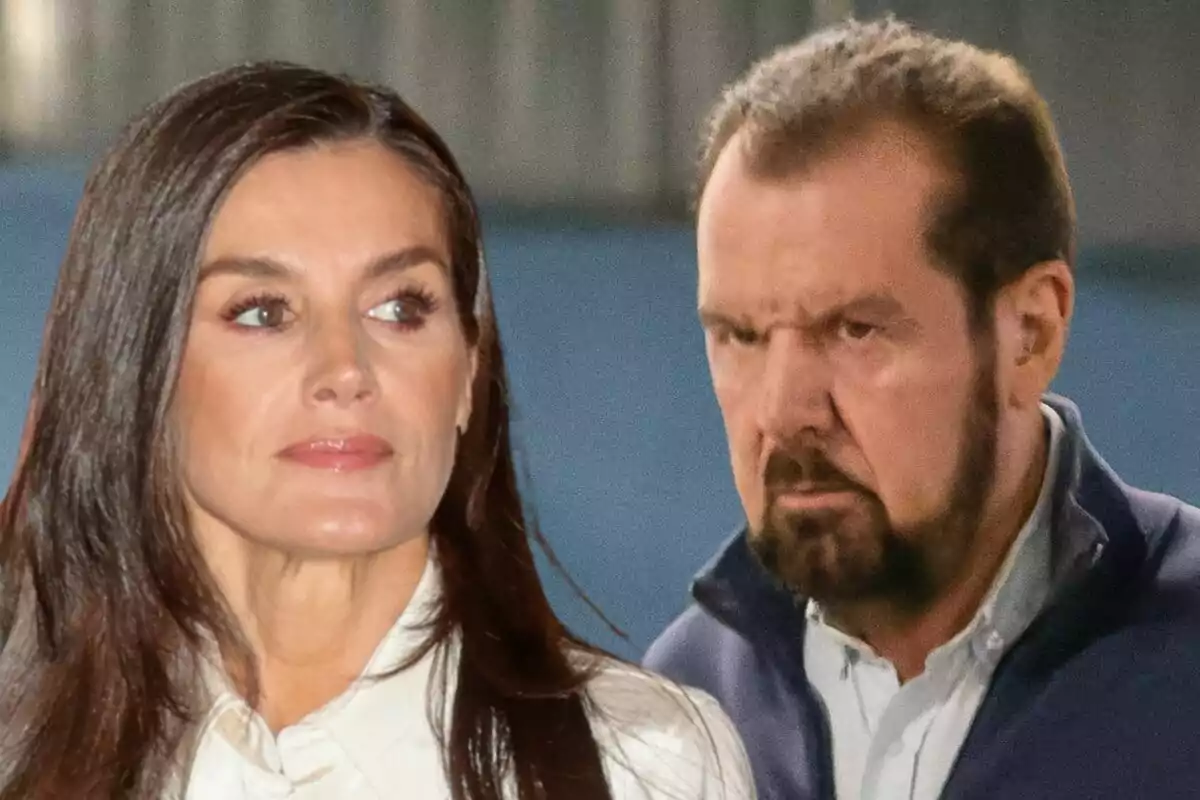 Letizia amb cabells llargs i foscos mira cap a l'esquerra mentre Jesús Ortiz amb barba i expressió seriosa està darrere seu.