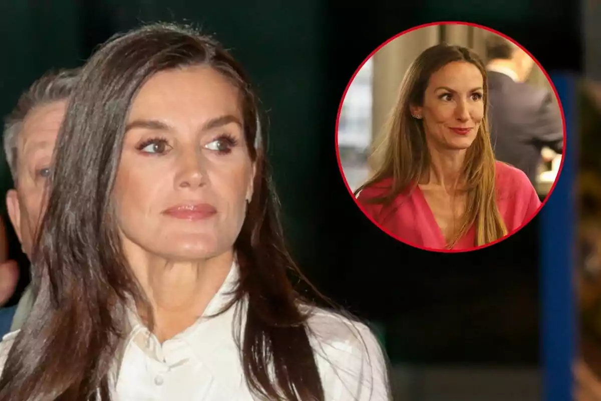 Letizia vesteix una camisa blanca, mentre que en un requadre circular es mostra Telma Ortiz usant una brusa rosa.