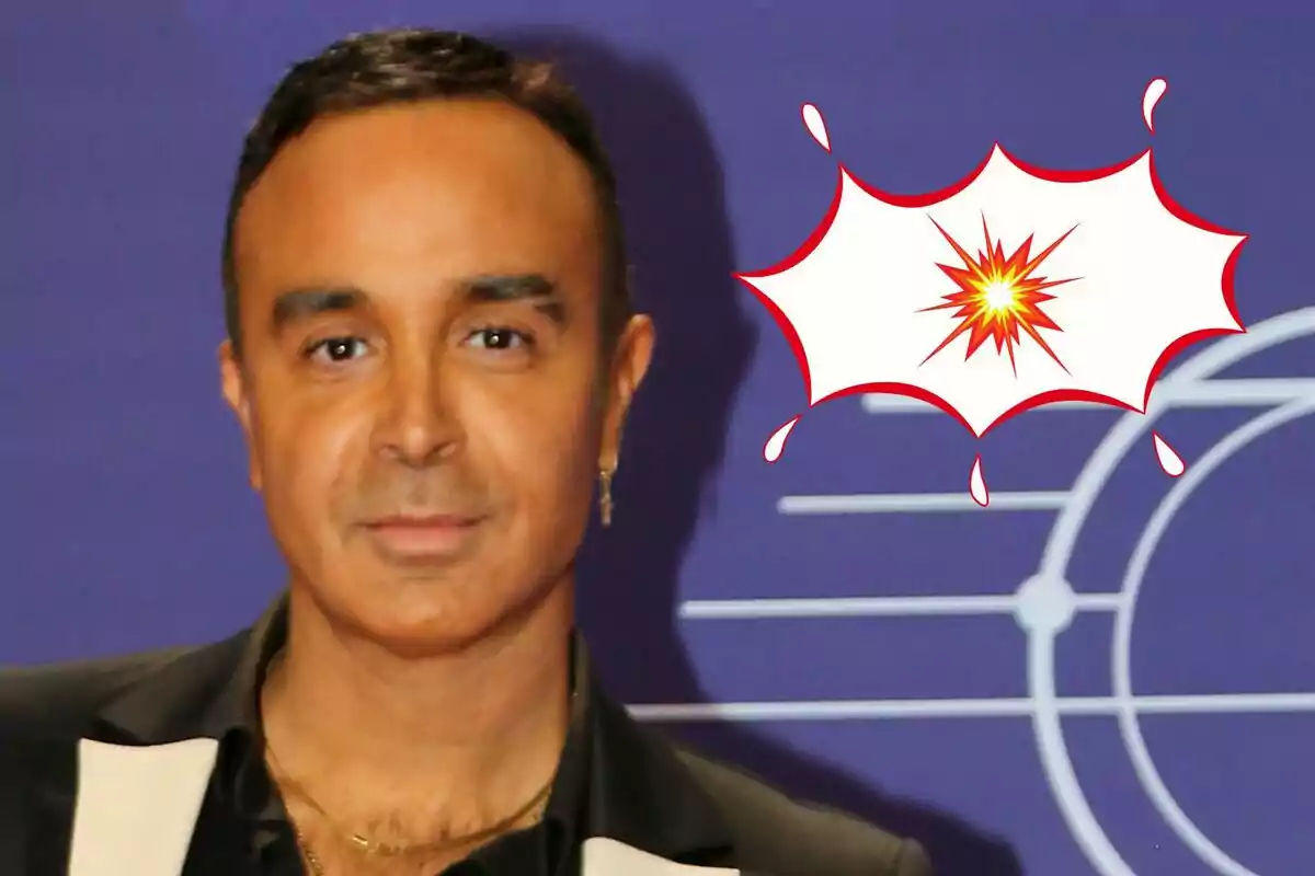 Luis Rollán with short hair and a dark jacket is in front of a blue background with a graphic design and an explosion effect on the right side.