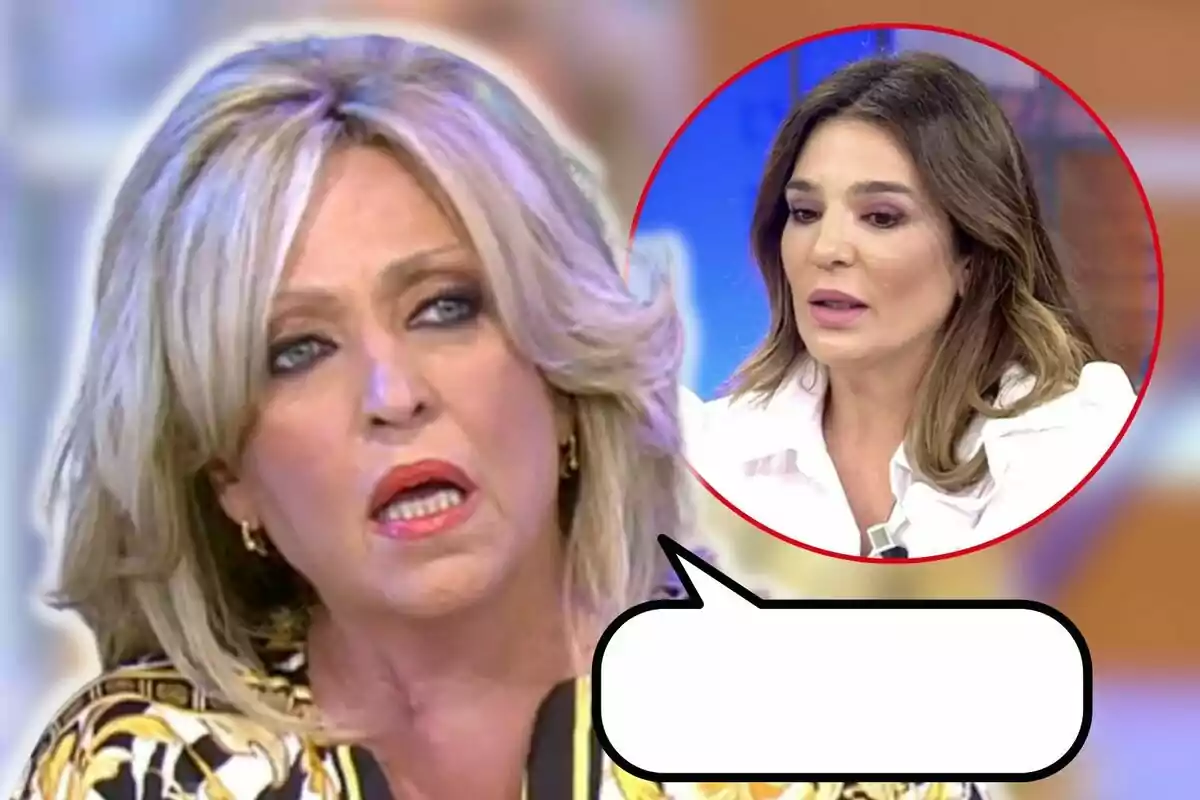 Lydia Lozano i Raquel Bollo en un programa de televisió amb una bombolla de diàleg buida.