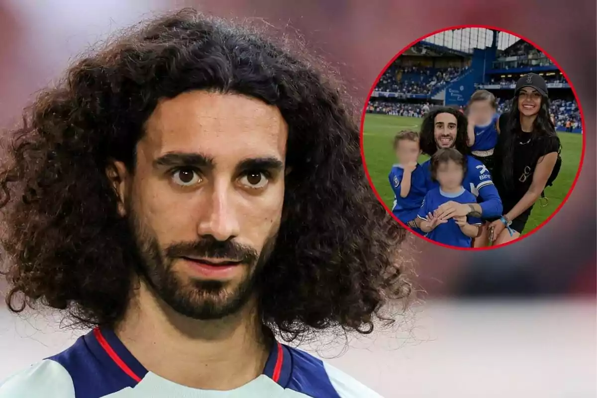 Marc Cucurella amb cabell arrissat i barba, amb una imatge inserida en un cercle vermell que mostra la família en un estadi de futbol.