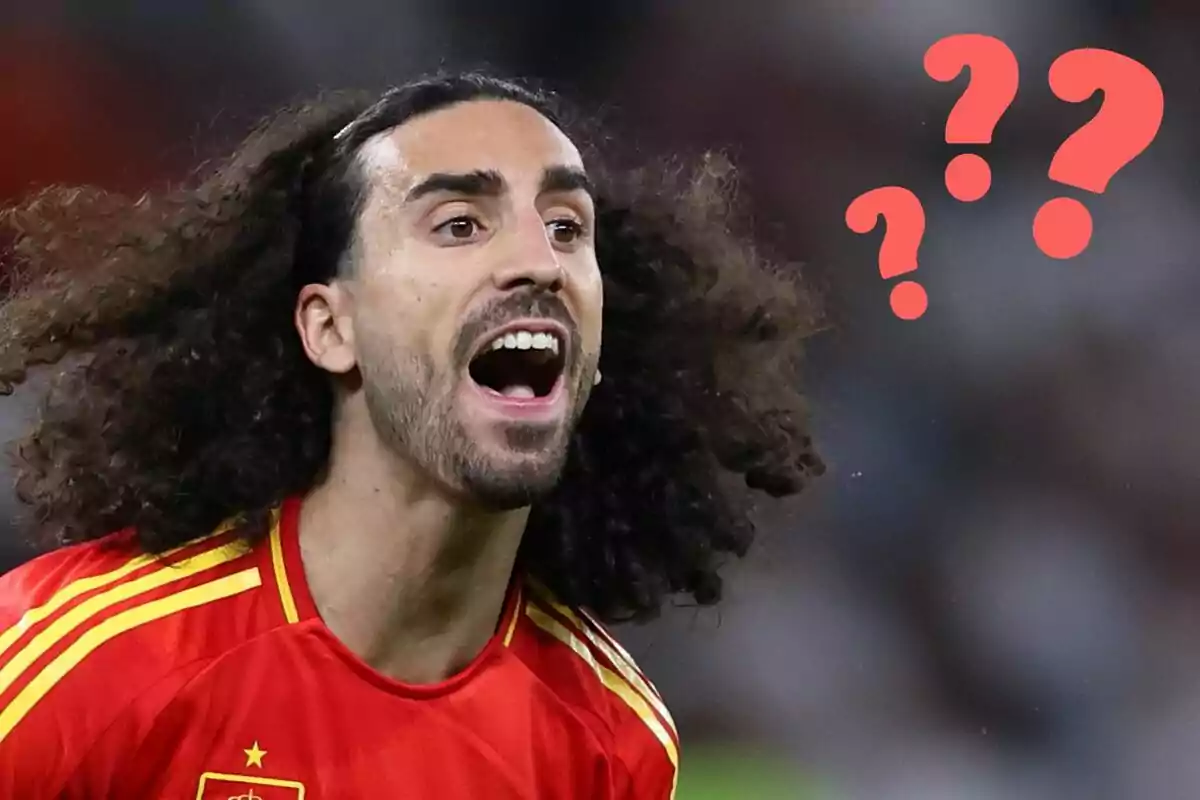 Marc Cucurella amb la samarreta de la selecció espanyola cridant amb signes d?interrogació vermells al fons.