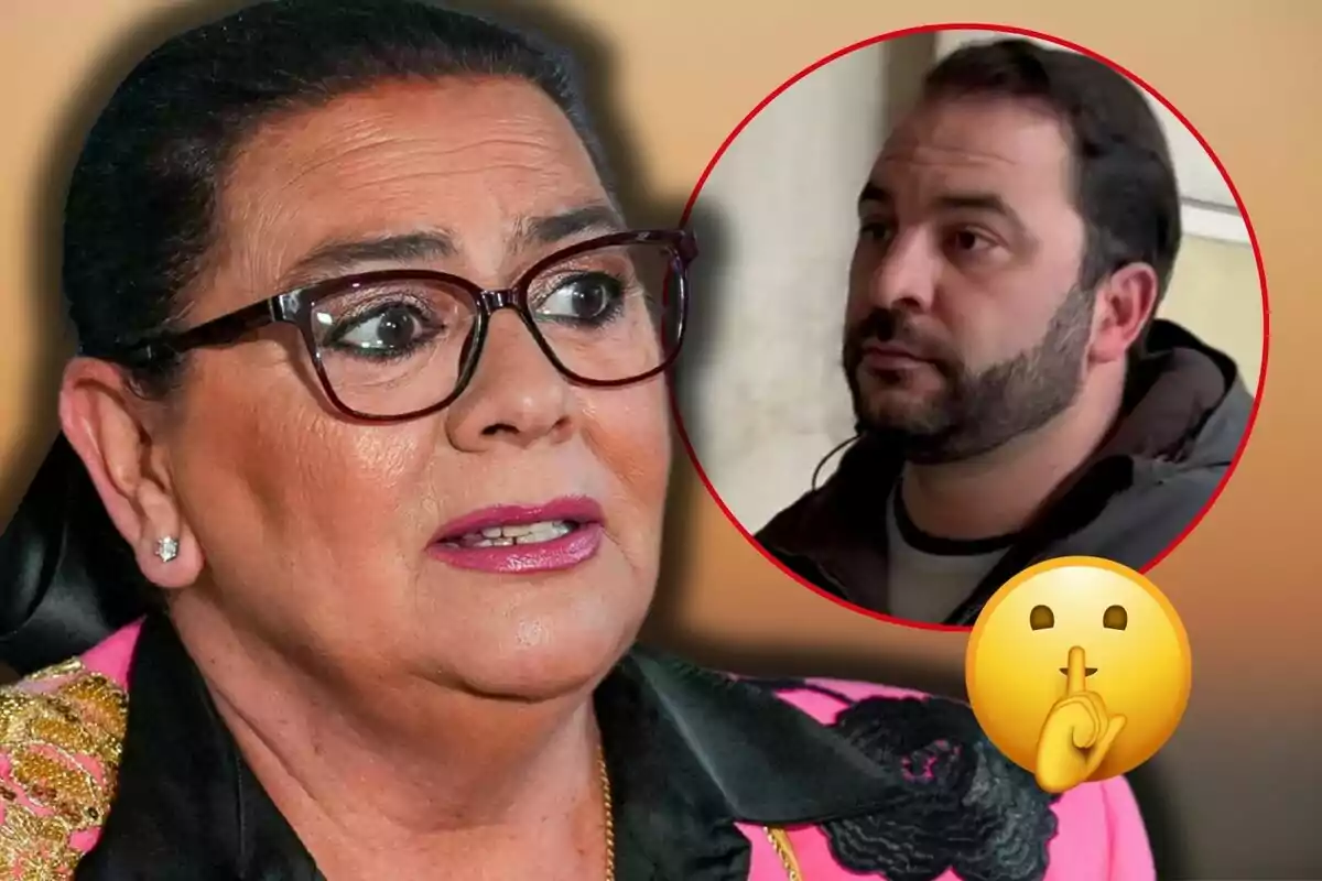María del Monte amb ulleres i expressió seriosa apareix en primer pla, mentre que en un cercle vermell al fons es veu a Antonio Tejado; hi ha un emoji de silenci a la cantonada inferior dreta.