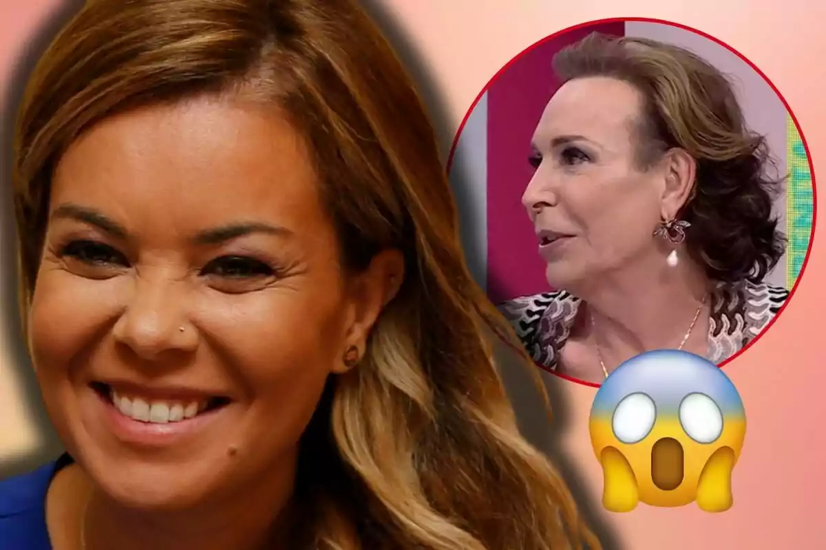 María José Campanario somrient en primer pla amb el mestre Joao en un cercle vermell al fons i un emoji sorprès.