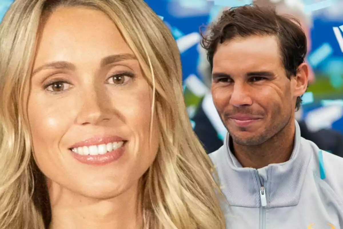 Maribel Nadal, a smiling blonde in the foreground, and Rafa Nadal in a gray jacket in the background with a festive atmosphere.