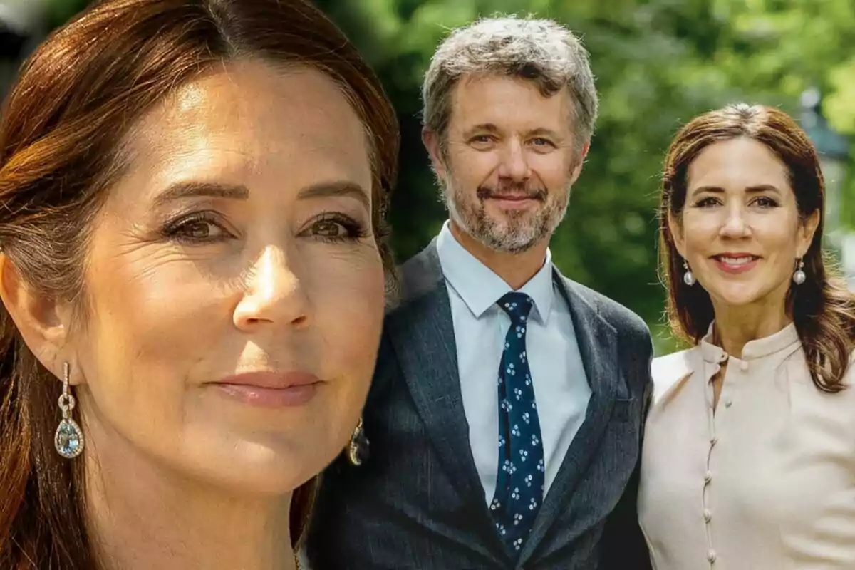 Mary Donaldson with earrings smiles, while Frederik of Denmark in a suit stands next to her in an outdoor setting.