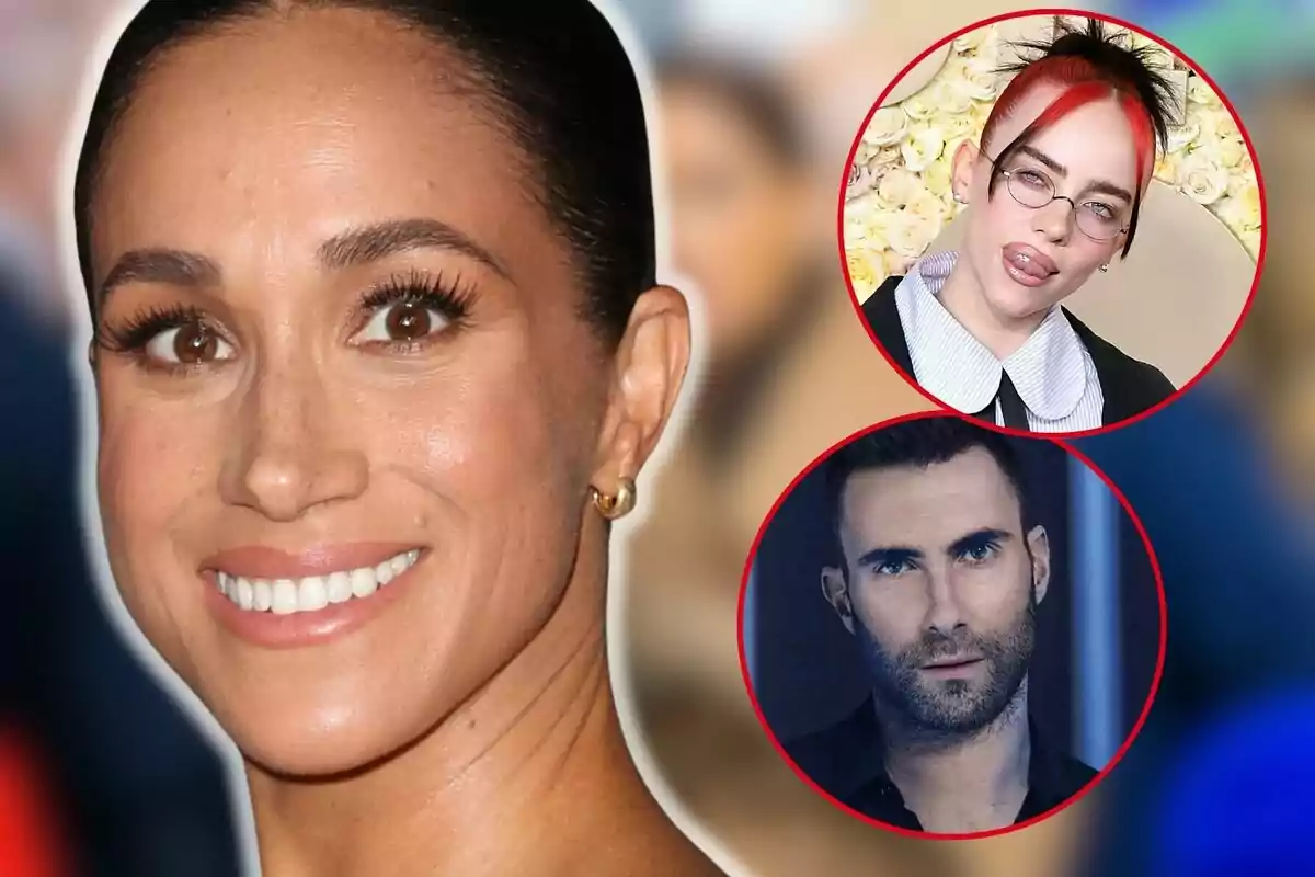 Meghan Markle smiling in the foreground with two circular images of Billie Eilish and Adam Levine in the background.