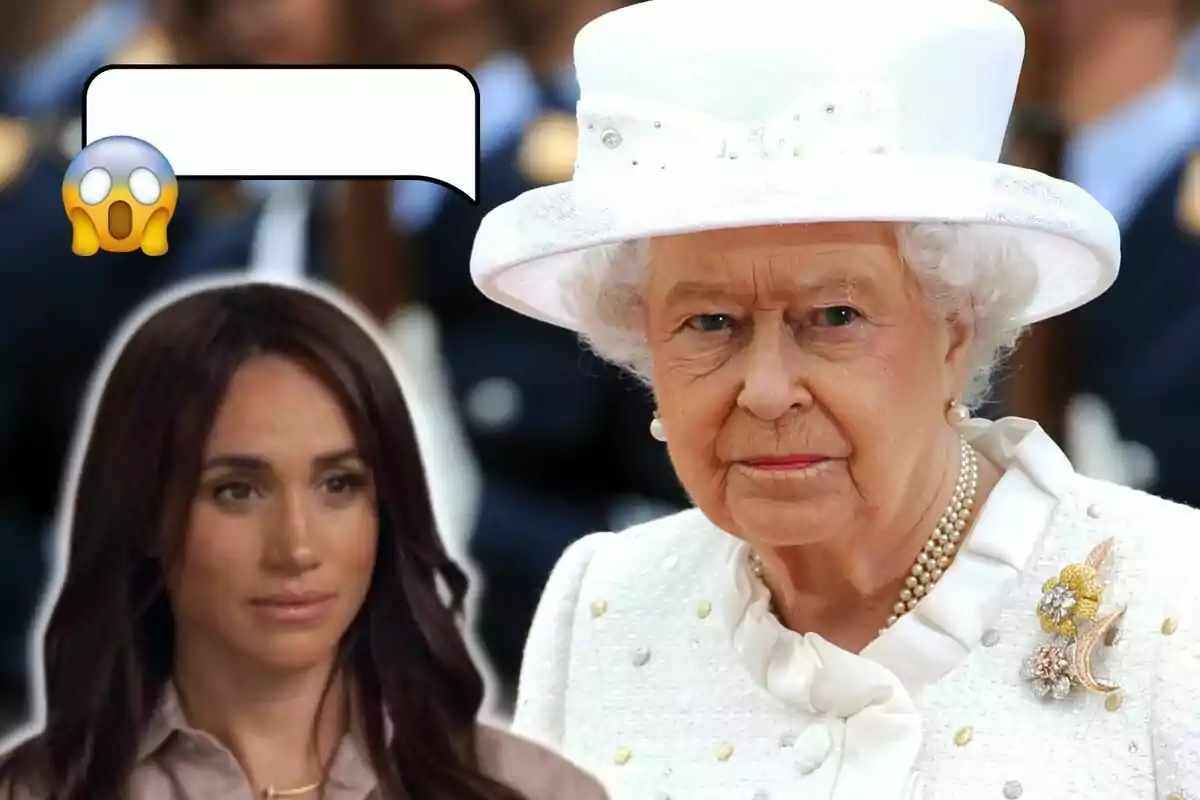 Meghan Markle amb expressió seriosa i un emoji sorprès amb Isabel II vestida de blanc.