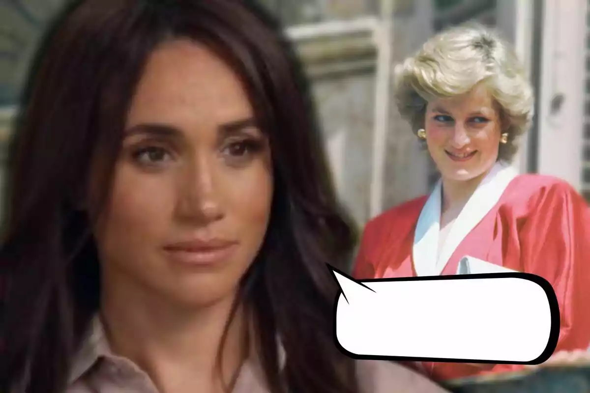 Meghan Markle de cabello oscuro mira al frente mientras en el fondo aparece Lady Di rubia sonriendo, con un globo de diálogo vacío.