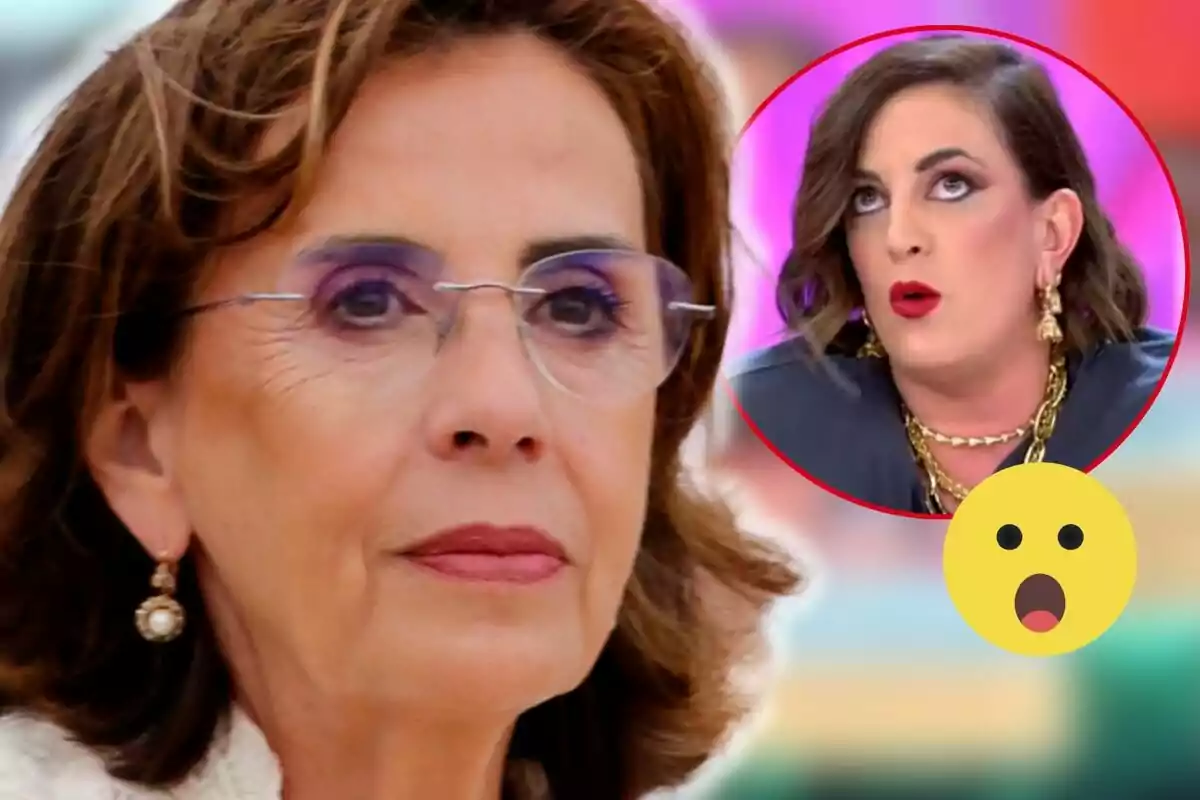 Mercedes Bernal amb ulleres i expressió seriosa en primer pla, amb un requadre que mostra a Leticia Requejo amb expressió sorpresa i un emoji de sorpresa.