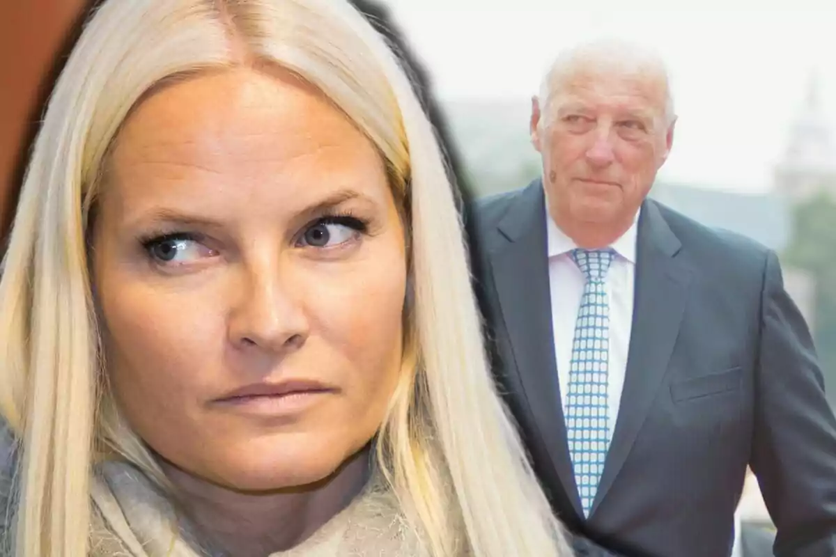 Mette-Marit in the foreground with a serious expression and King Harald in a suit in the background.