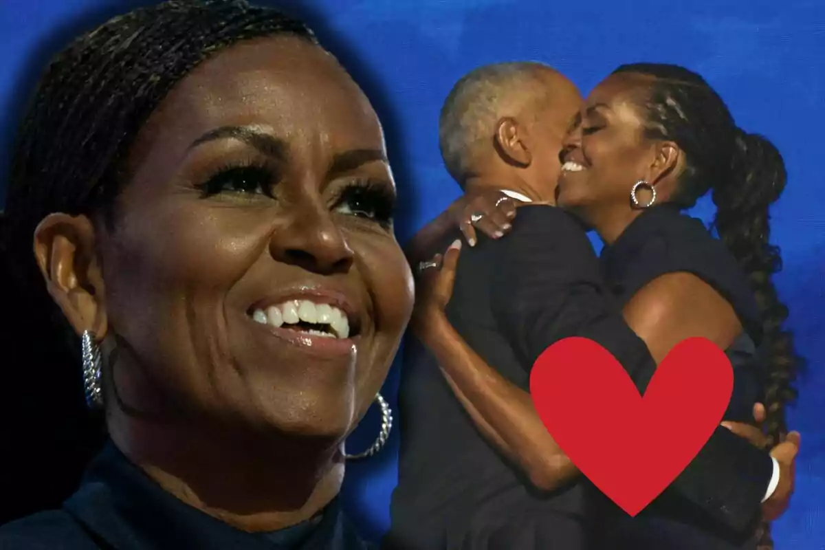 Michelle Obama smiling in the foreground and her with Barack Obama hugging with a red heart overlay.