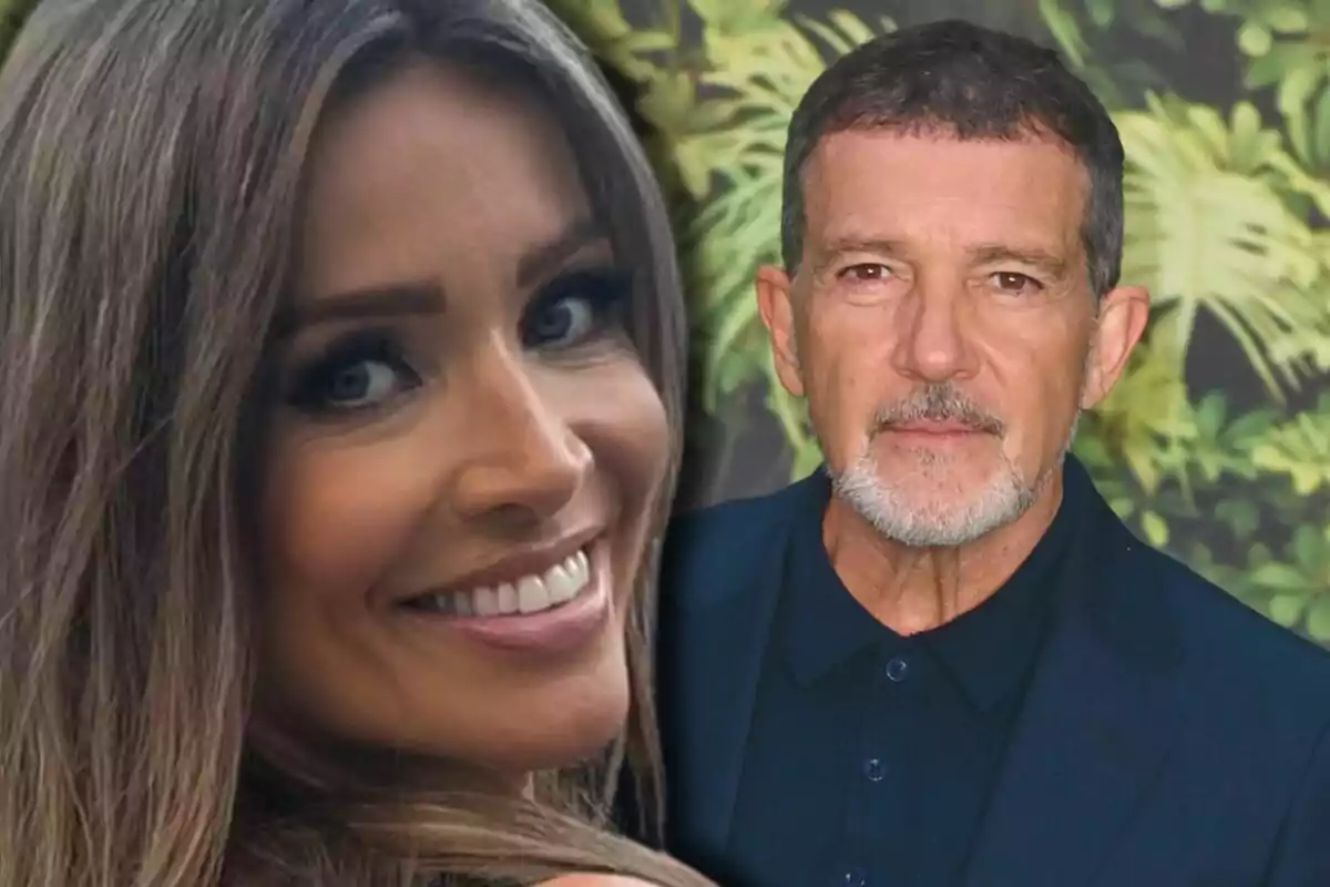 Montaje con un primer plano de Nicole Kimpel sonriendo y Antonio Banderas con un traje azul