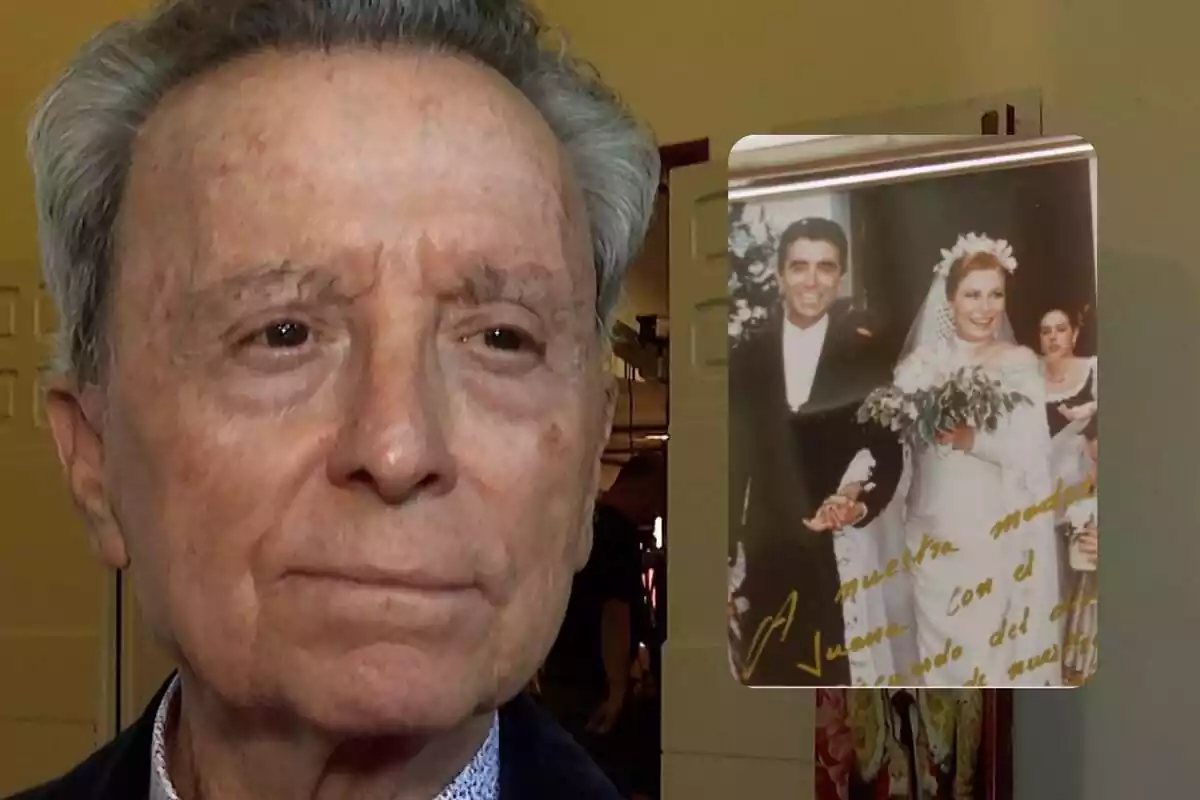 Muntatge amb un primer pla de José Ortega Cano amb una foto del seu casament amb Rocío Jurado