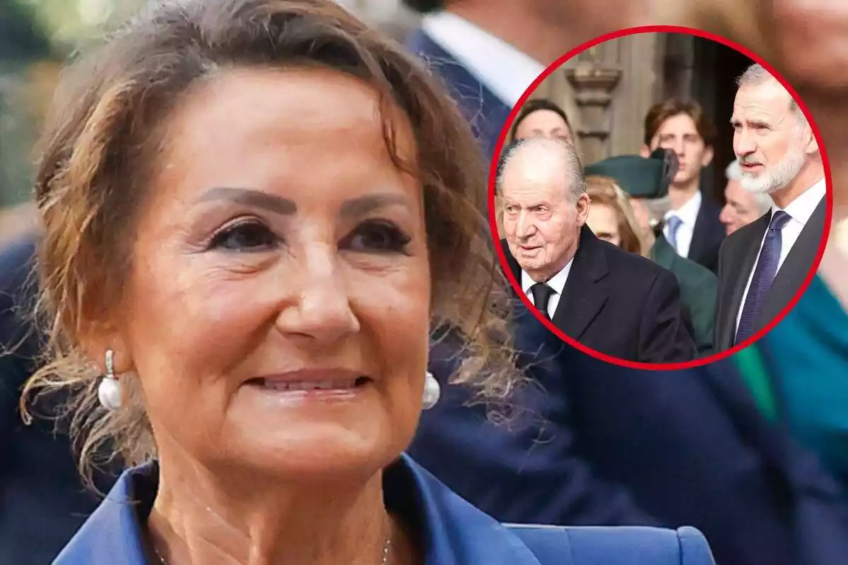 Muntatge d'un primer pla de Paloma Rocasolano somrient amb els cabells recollits i Joan Carles I al costat de Felip VI seriosos mirant de banda