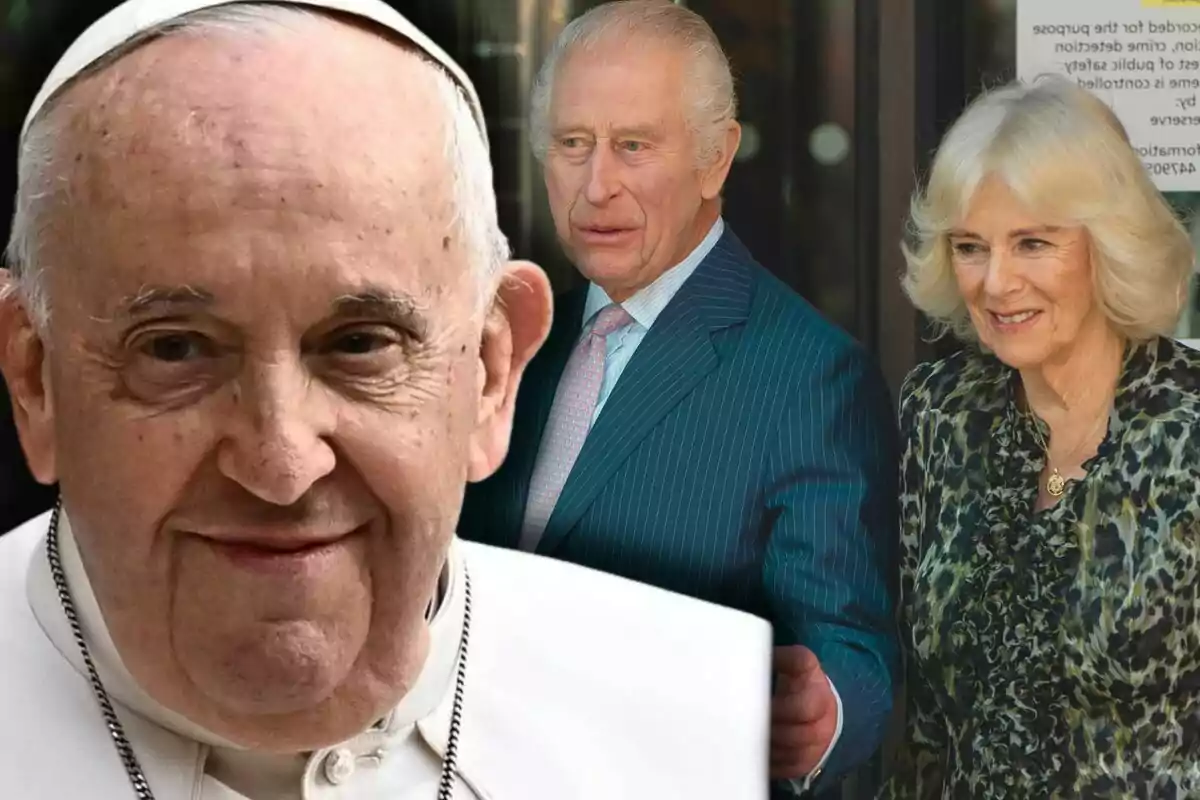 Pope Francis, Charles III, and Queen Camilla, one of them in white religious attire and the other two in formal clothing, pose together.