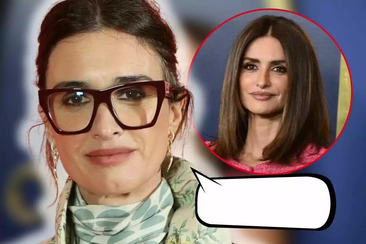 Paz Vega con un pañuelo estampado aparece en primer plano, mientras que en un círculo a la derecha se muestra a Penélope Cruz, ambas con un fondo desenfocado.