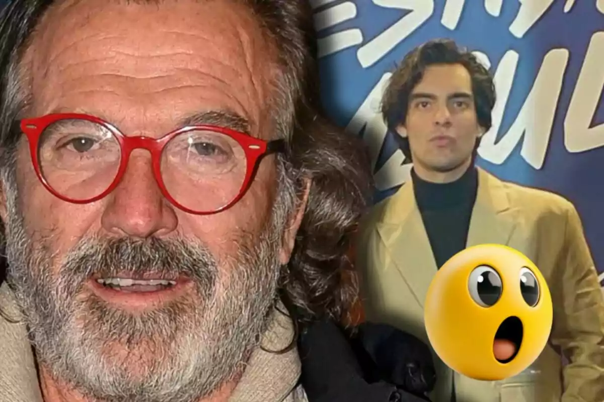 Pepe Navarro con gafas rojas y barba aparece en primer plano mientras que en el fondo se ve a Alejandro Reyes con un traje beige y un emoji sorprendido.