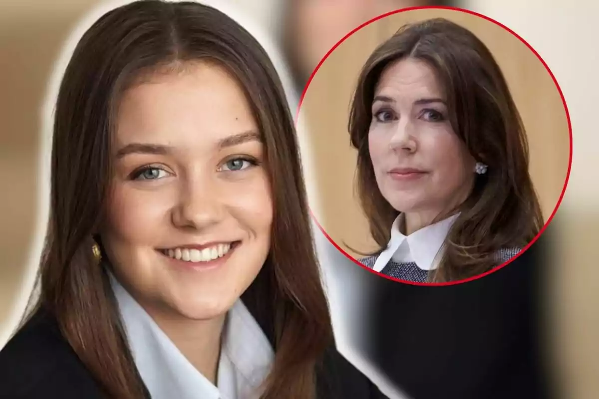 Princess Isabella smiling with brown hair and light eyes, with a frame showing Mary Donaldson with a serious expression.