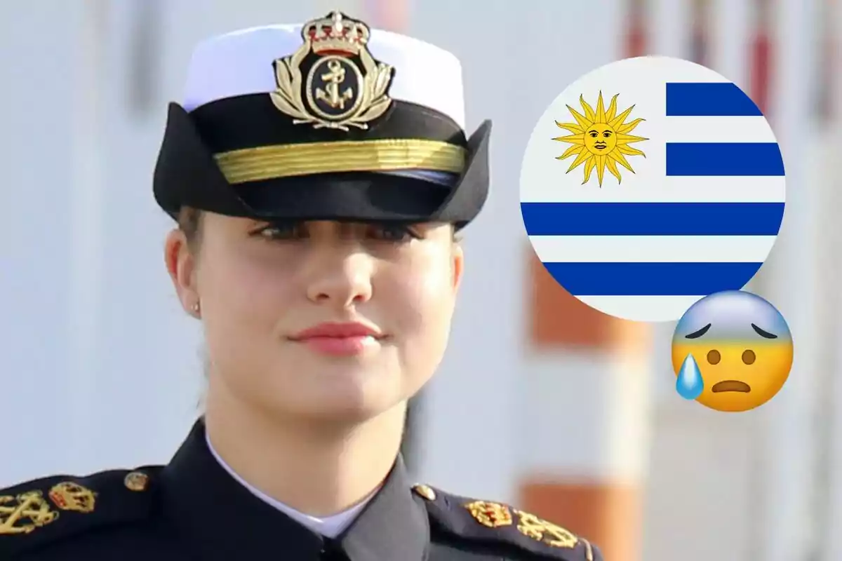 Princess Leonor in military uniform and cap, alongside a worried emoji and the flag of Uruguay.