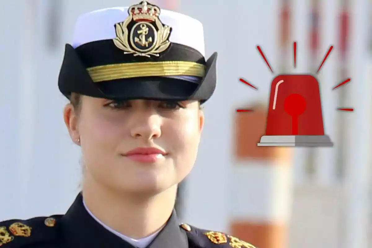 Princess Leonor in a military uniform and a black and white cap with a golden emblem in the center, next to a graphic of a red mermaid.