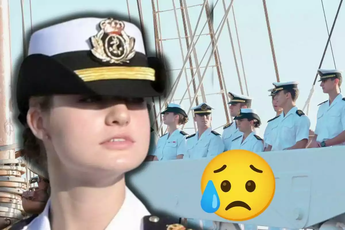 Un grup de persones vestides amb uniformes navals està dret a la coberta d'un vaixell, amb la princesa Leonor en primer pla i un emoji de cara trista amb una llàgrima a la imatge.