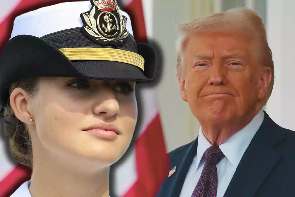 La princesa Leonor amb uniforme naval i Donald Trump amb vestit posen davant d'una bandera.