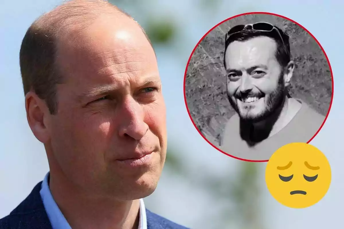 Prince William looking into the distance with a serious expression, with an inset showing another man smiling in black and white and a sad face emoji.