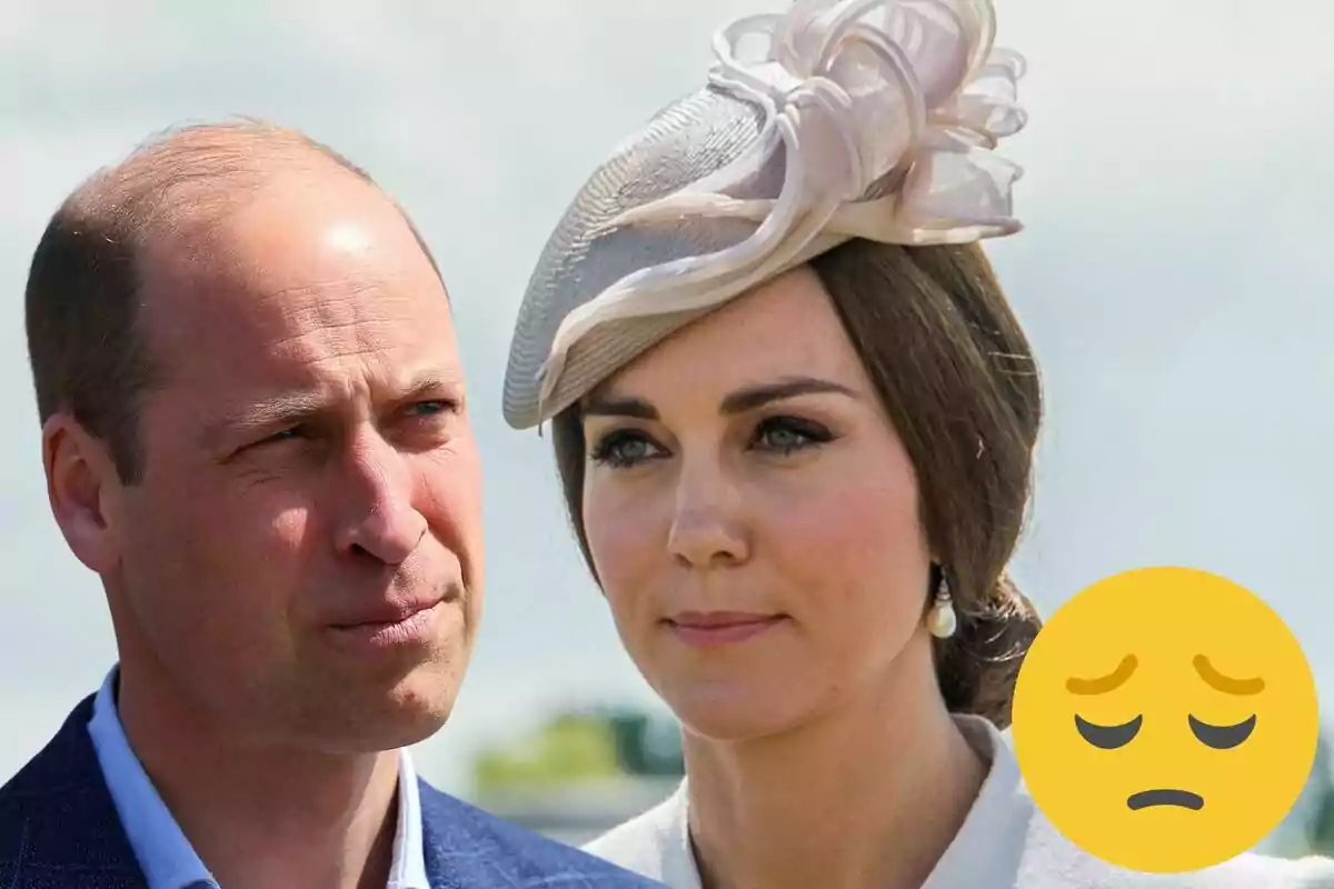 Príncep Guillem i Kate Middleton amb expressions serioses, Kate porta un barret elegant i hi ha un emoji de cara trist a la cantonada inferior dreta.