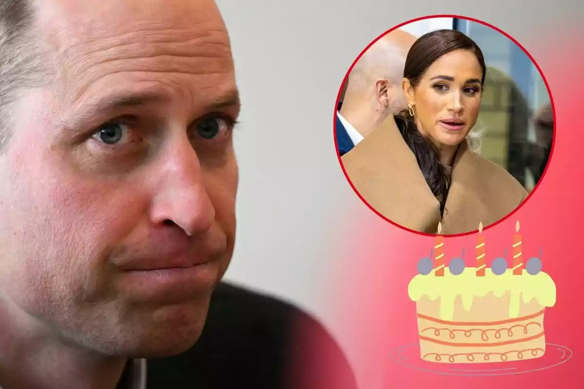 El príncep Guillem amb expressió seriosa i Meghan Markle en un cercle vermell amb un pastís d'aniversari a la cantonada.