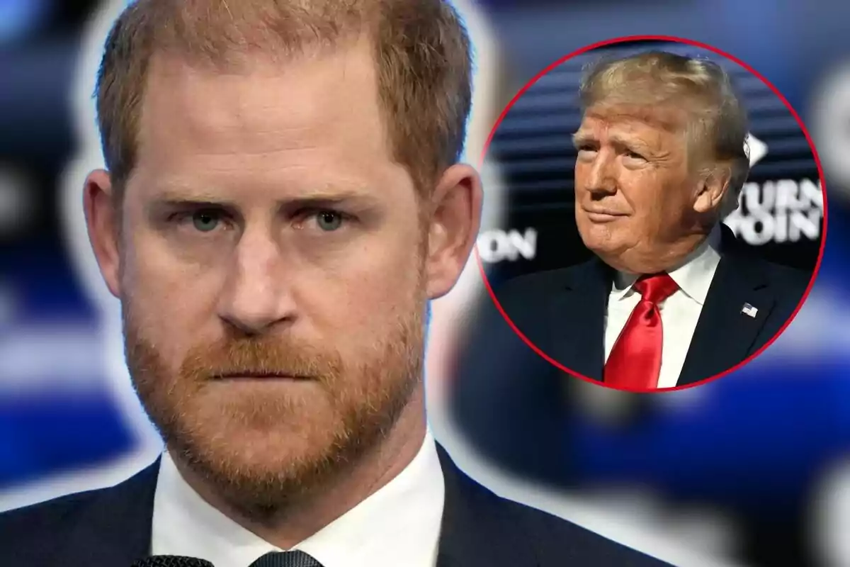 Prince Harry with a beard and a serious expression in the foreground, with an inset showing Donald Trump in a suit and red tie in the background.