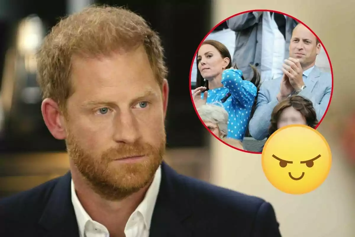 El príncep Harry amb expressió seriosa i un cercle que mostra Kate Middleton i el príncep Guillem aplaudint amb un emoji de cara astuta superposat.