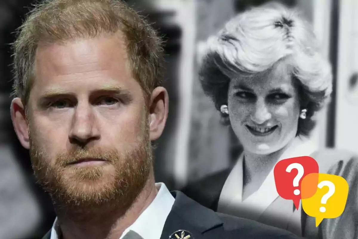 El príncipe Harry aparece en primer plano mientras Lady Di sonriente en blanco y negro está en el fondo con dos iconos de signos de interrogación superpuestos.