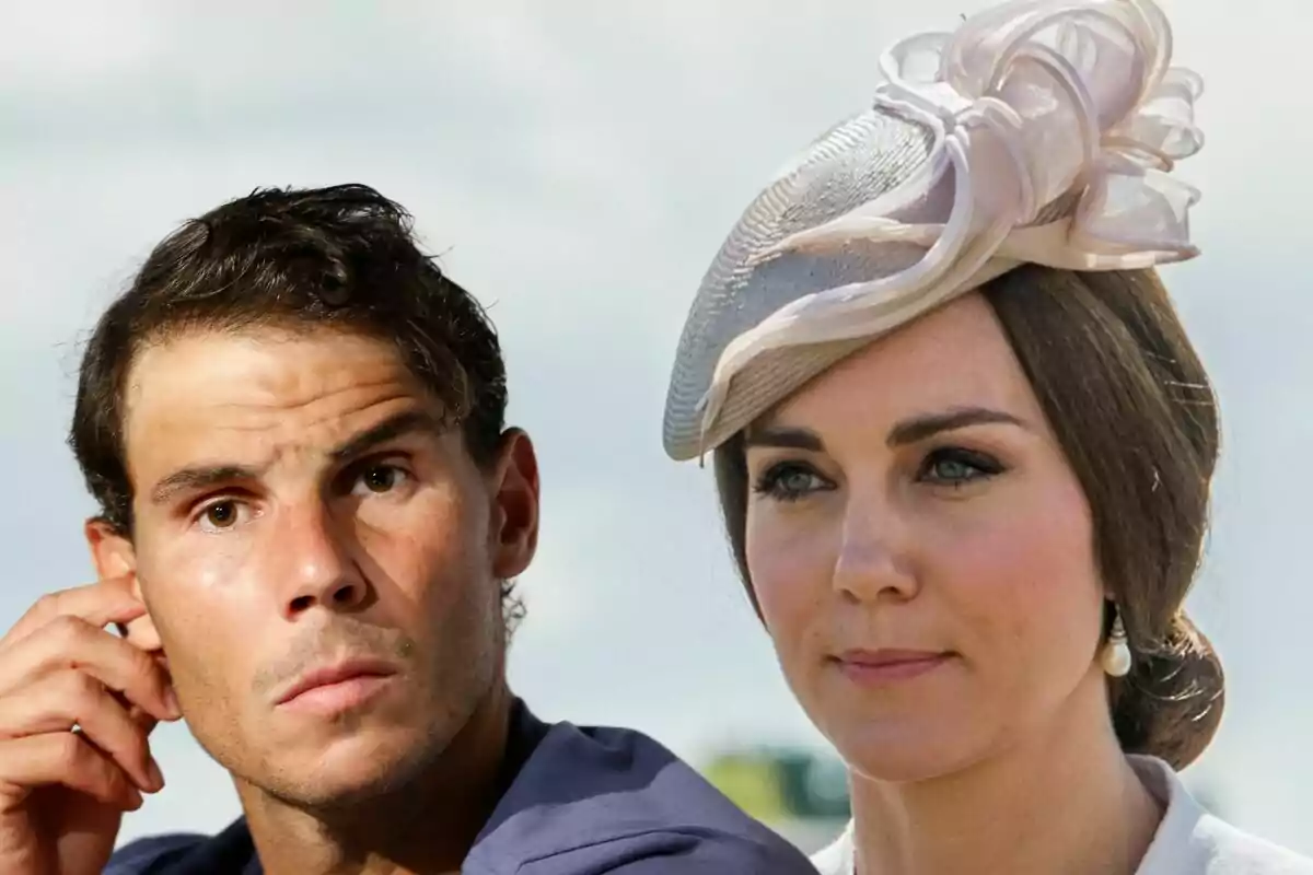 Rafa Nadal i Kate Middleton posant, Kate amb un barret elegant.