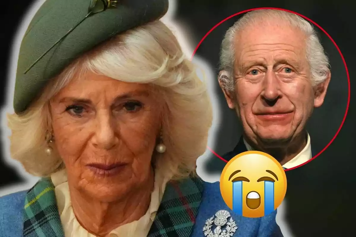 Queen Camila with a green hat appears in the foreground, while in the background there is Charles III inside a red circle and a crying face emoji superimposed.