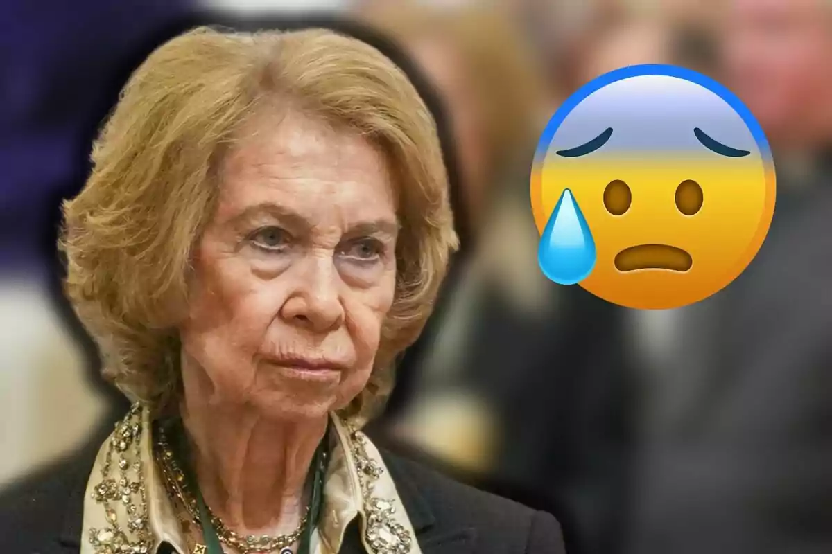 La reina Sofia d’expressió seriosa amb un emoji de cara amoïnada i una llàgrima al seu costat
