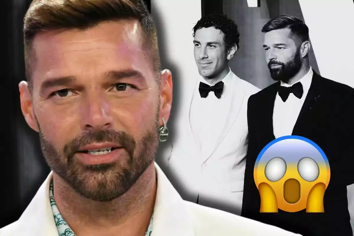 Montaje con un primer plano de Ricky Martin serio, una imagen de fondo en blanco y negro de él con Jwan Yosef y un emoji sorpendido