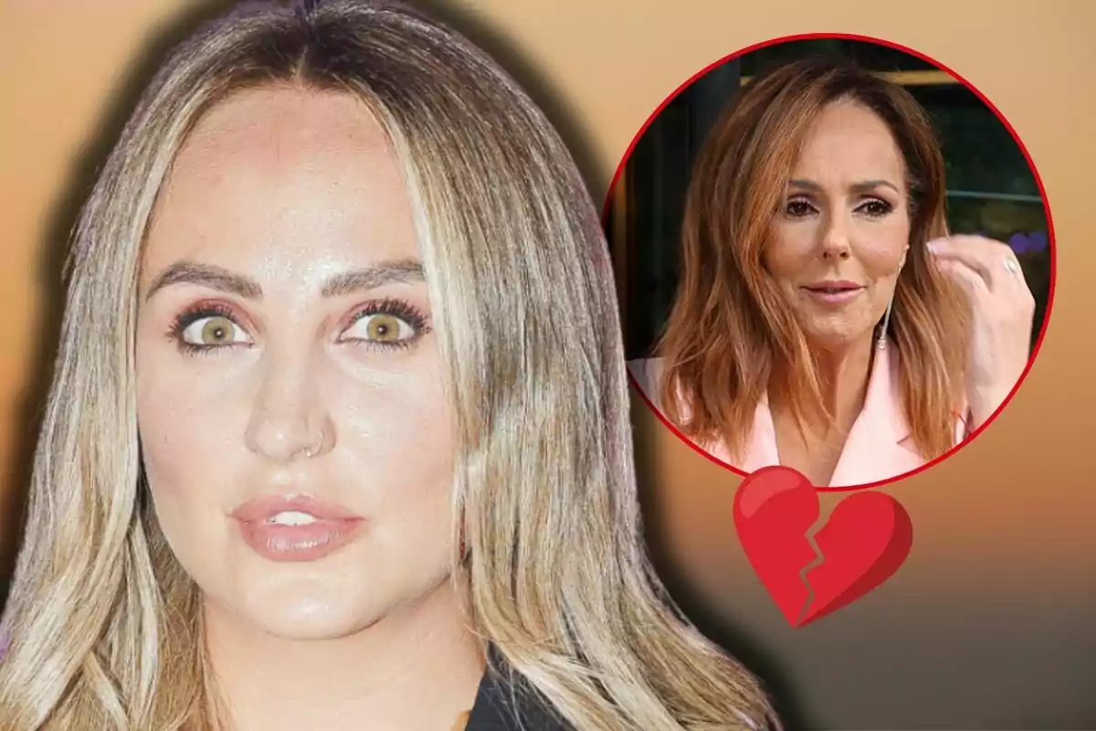 Rocío Flores with a serious expression appears in the foreground, while in a red circle next to her, Rocío Carrasco is shown with a broken heart below.