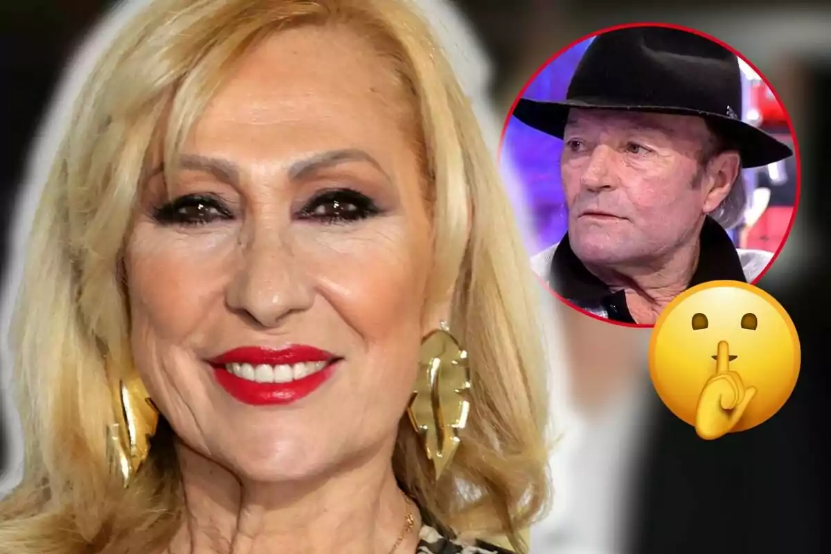 Rosa Benito, a smiling blonde with red lips and gold earrings, with a frame showing Amador Mohedano wearing a hat and a silence emoji.