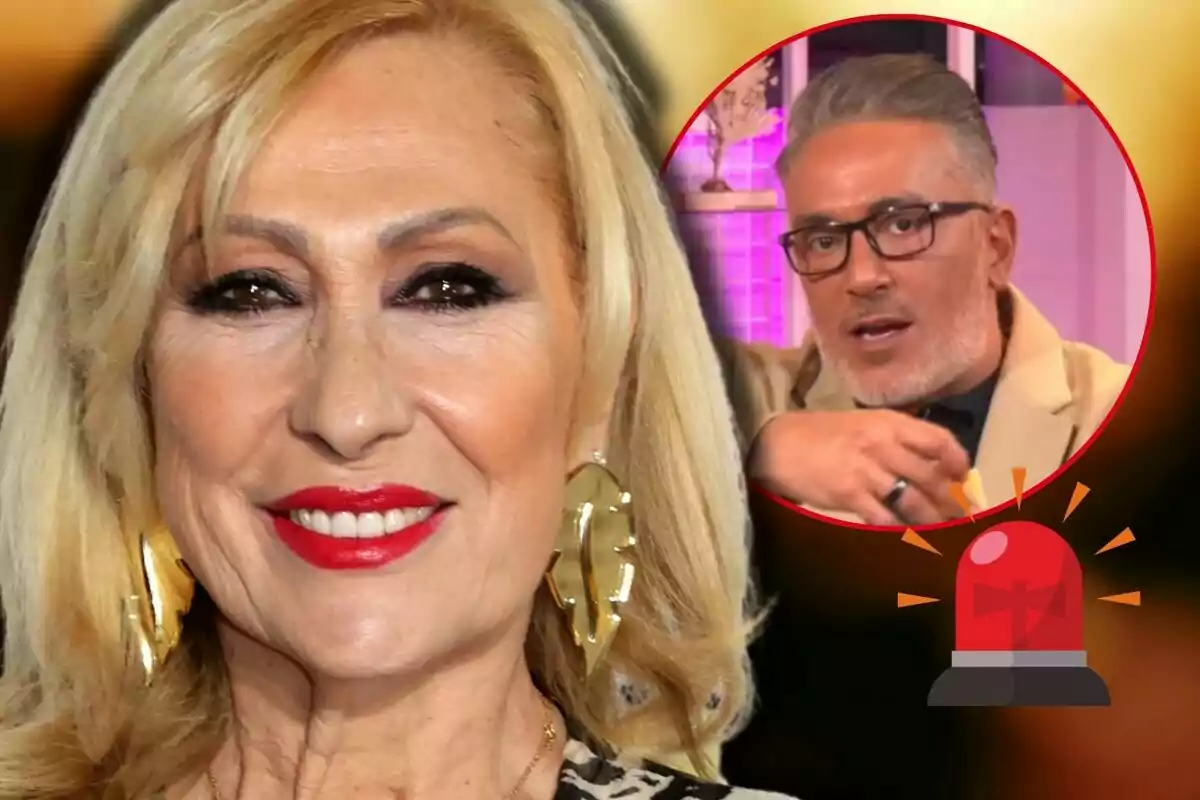 Rosa Benito smiling in the foreground with Kiko Hernández in a circular inset in the background, accompanied by a red alarm icon.