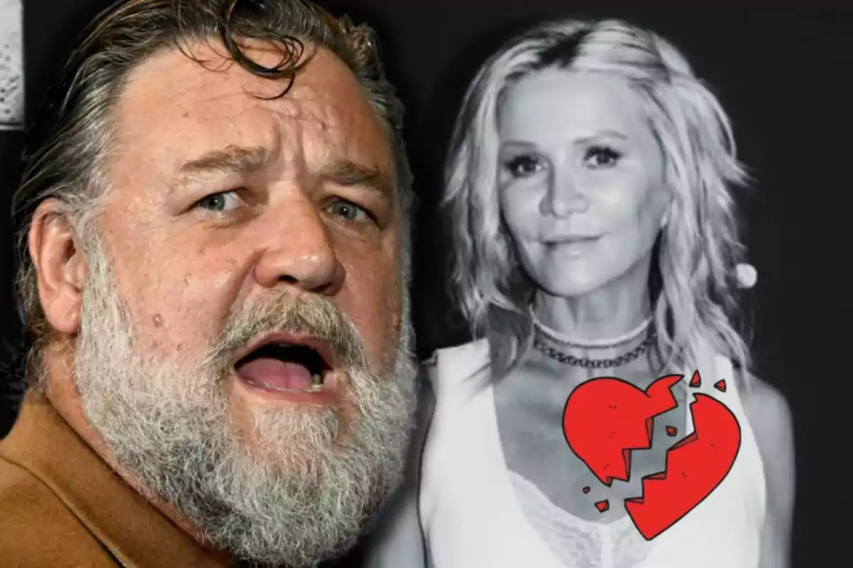 Russell Crowe with a surprised expression in the foreground, in the background Danielle Spencer in black and white with a red broken heart superimposed.