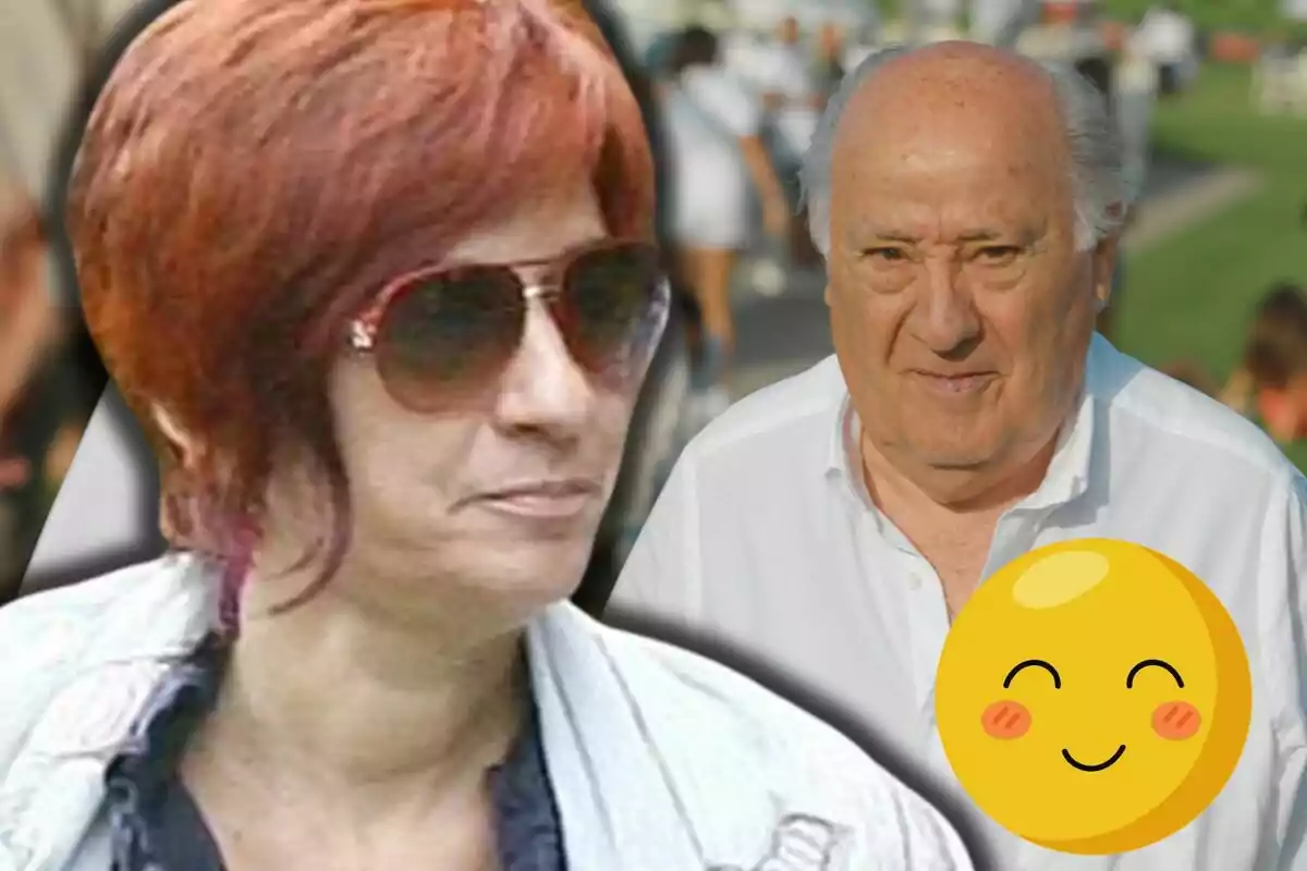 Sandra Ortega with sunglasses and short reddish hair in the foreground and Amancio Ortega in a white jersey in the background, joined by a smiling emoji.