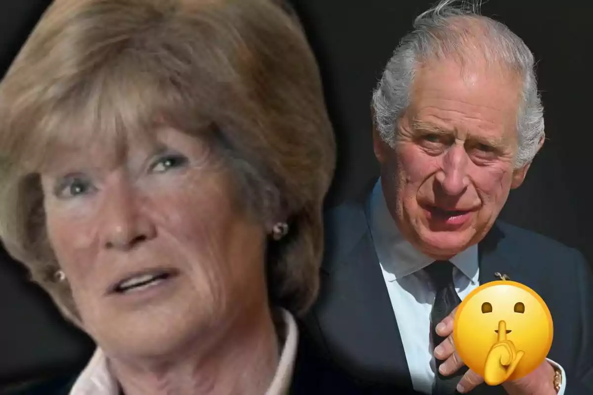 Sarah McCorquodale and Charles III in suits, with a shushing emoji over the man's hand.