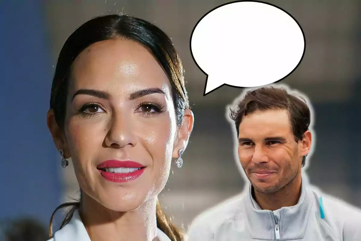 Tamara Gorro somrient en primer pla amb Rafa Nadal al fons que té un globus de diàleg buit.