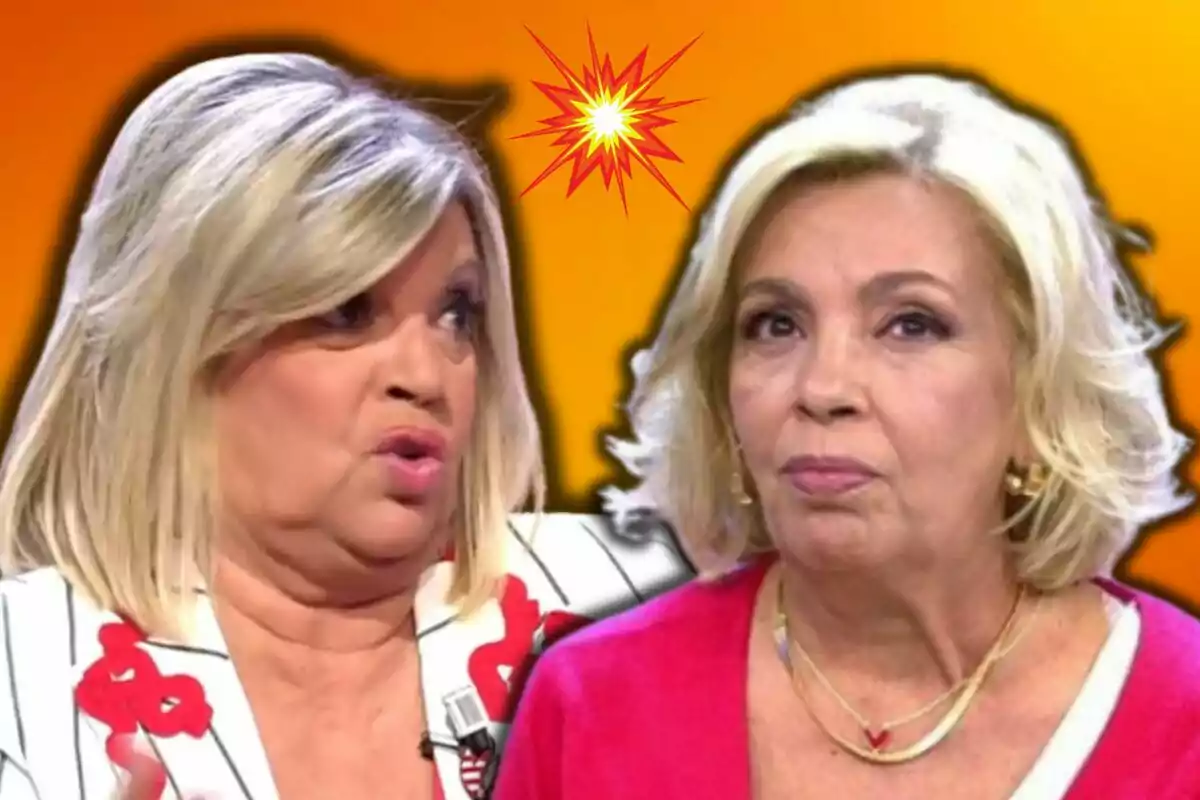 Carmen Borrego i Terelu Campos en un programa de televisió amb un fons taronja i un efecte d'explosió.