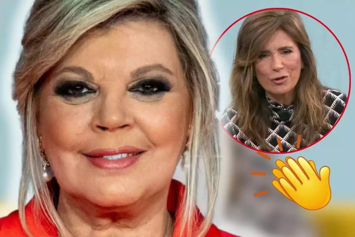 Terelu Campos con maquillaje oscuro en los ojos y cabello rubio sonríe, mientras en la esquina superior derecha hay un círculo con Gema López de cabello castaño y un emoji de mano saludando.