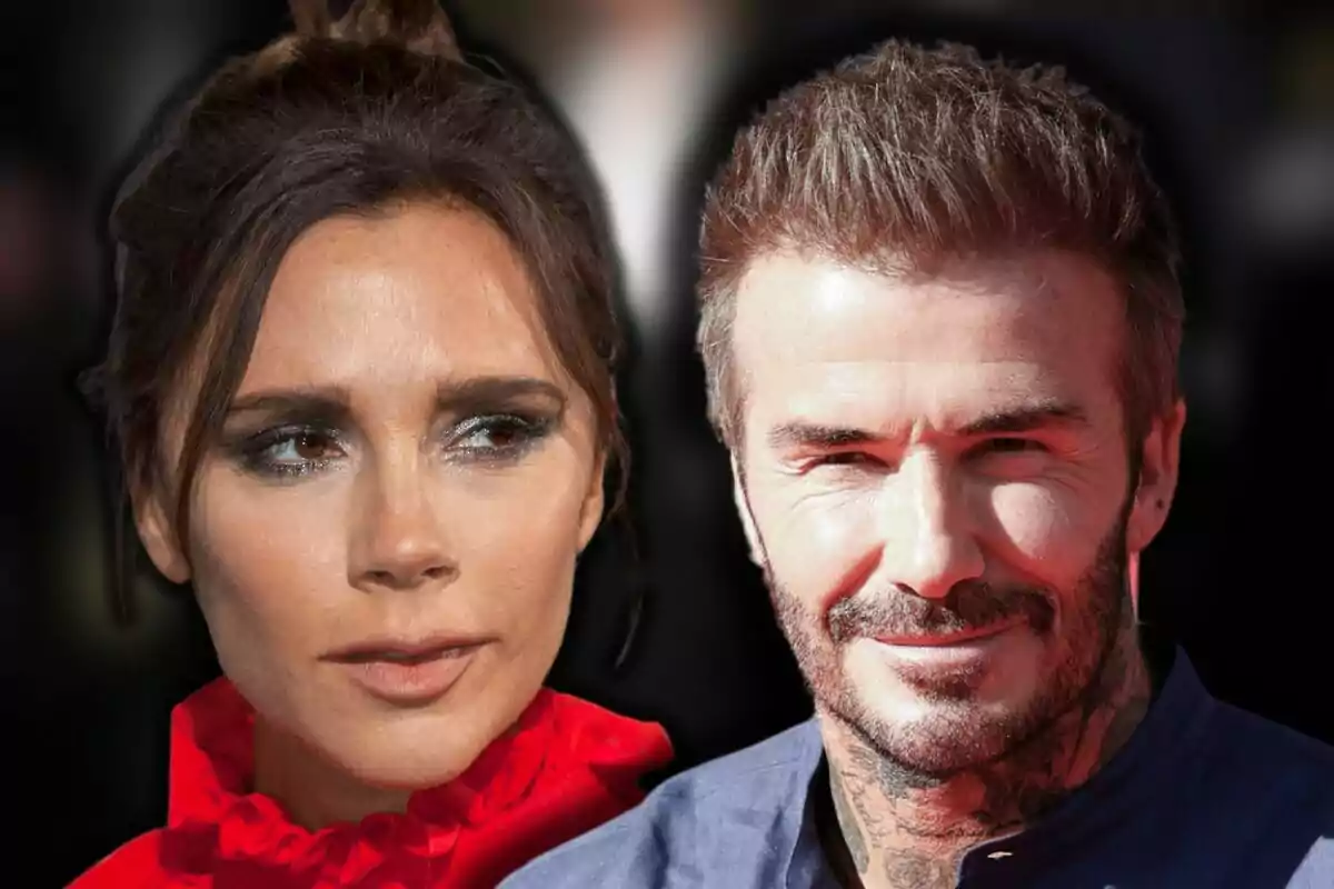 Primer plano de Victoria Beckham con vestido rojo y David Beckham con camisa azul, ambos mirando en diferentes direcciones con fondo oscuro difuminado