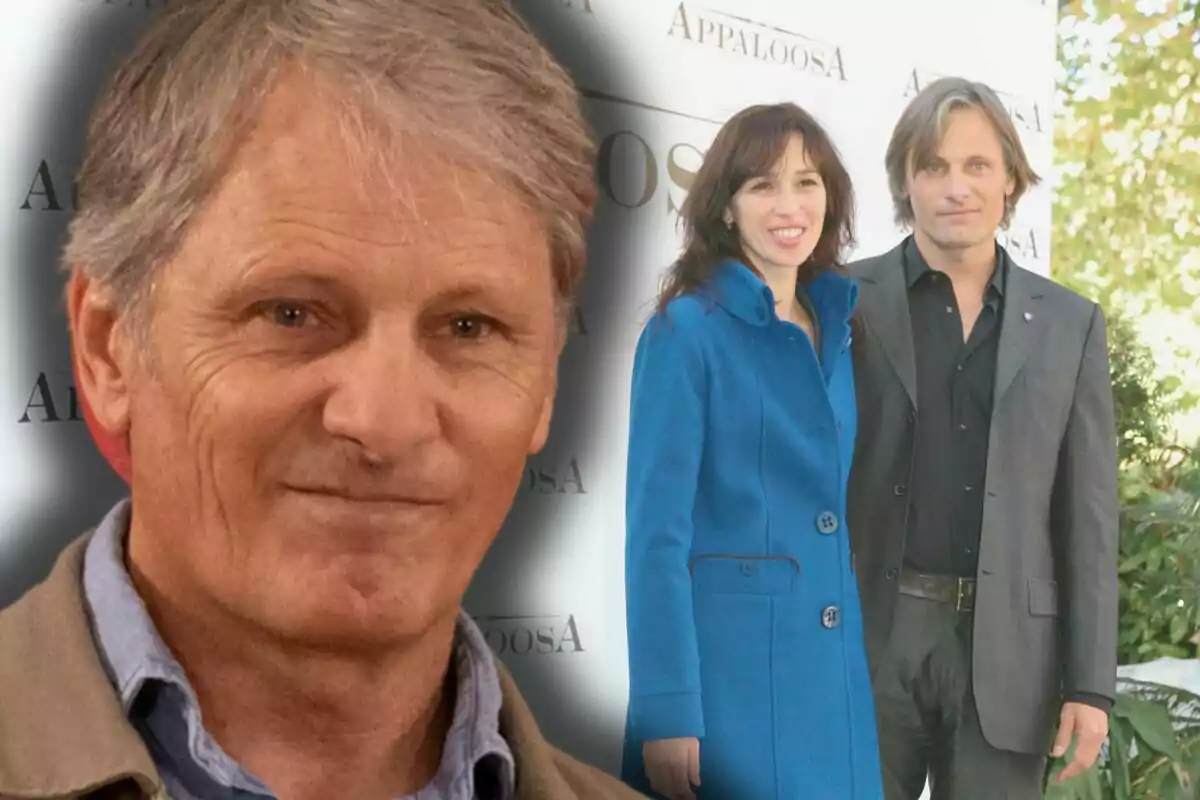 Viggo Mortensen sonriente en primer plano y él con Ariadna Gil posando en un evento con fondo de naturaleza.